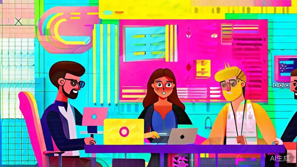 Flat vector illustration showing a team collaborating on video editing, corporate Memphis style