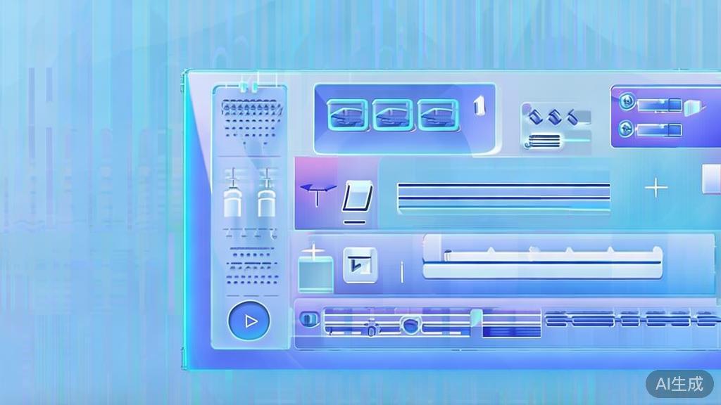 "Flat vector illustration of interactive video features, dashboard style, soft blue gradient"