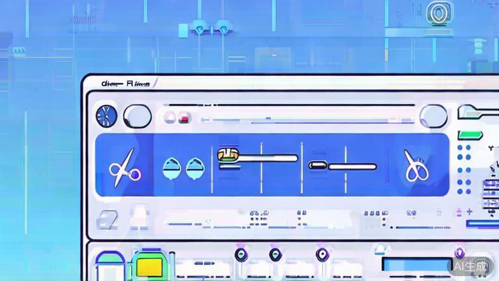 Flat vector illustration of video editing process, dashboard style, soft blue gradient
