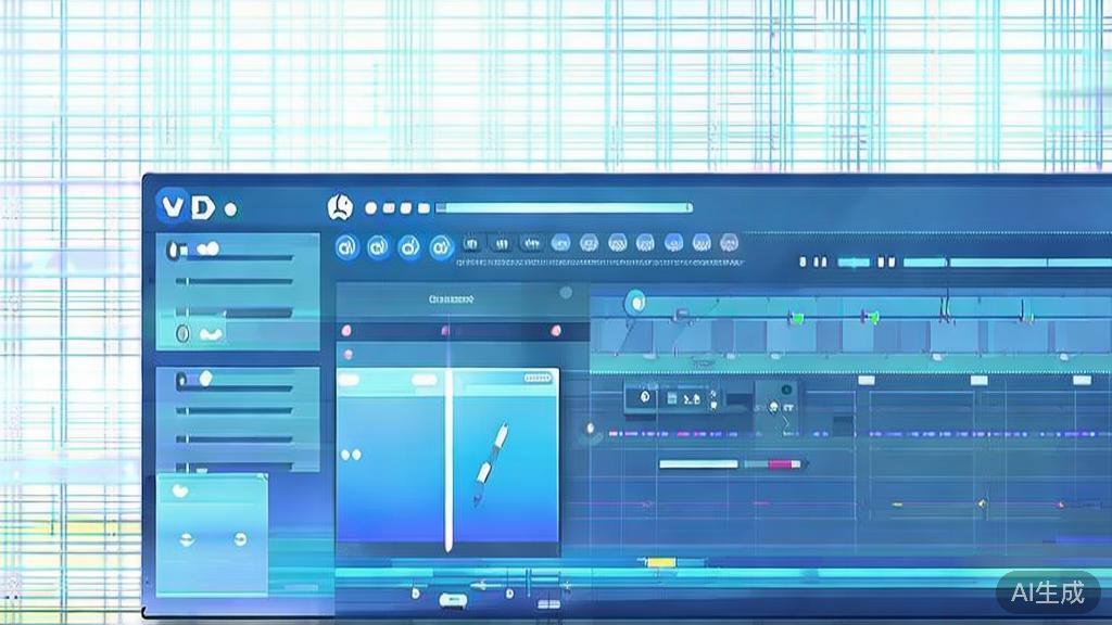 Flat vector illustration of video editing interface, dashboard style, soft blue gradient