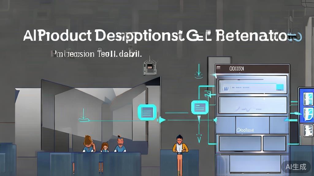 High-quality business illustration regarding product description generation using AI tools, minimal flat design