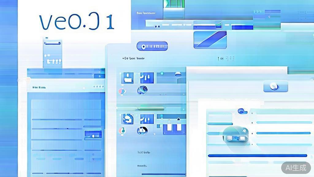 Flat vector illustration of business writing application of Veo3.1, dashboard style, soft blue gradient