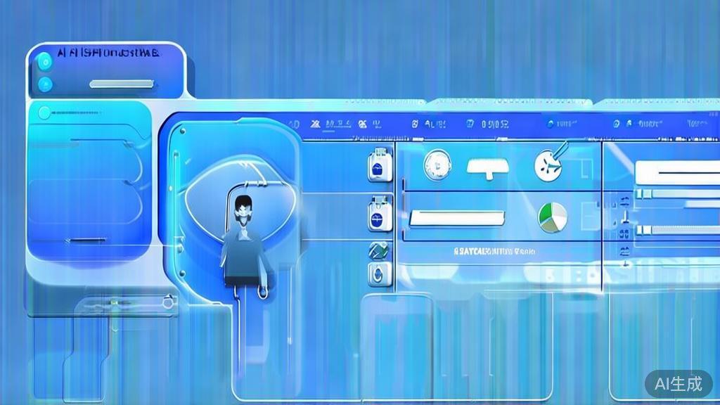 Flat vector illustration of AI customer service system, dashboard style, soft blue gradient