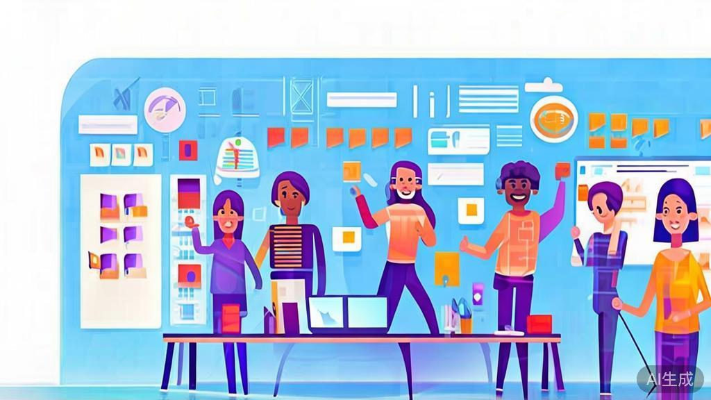 Flat vector illustration of a startup team brainstorming, dashboard style, soft blue gradient