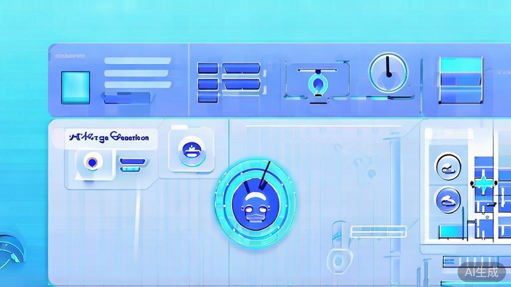 Flat vector illustration of AI image generation, dashboard style, soft blue gradient