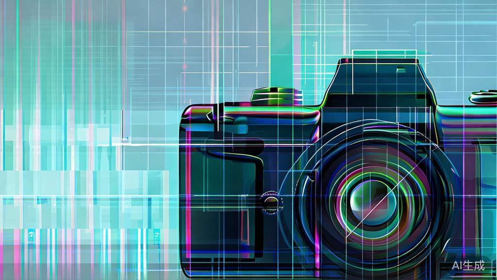 "Flat vector illustration of a camera with EXIF data overlay, soft blue gradient"