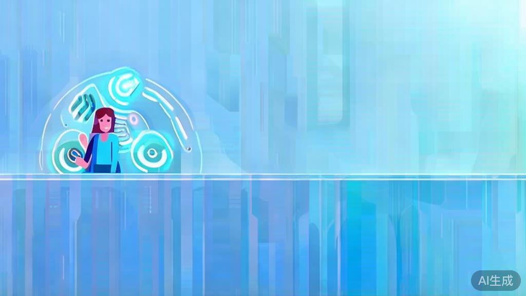 "Flat vector illustration of user interaction with AI technology, soft blue gradient"