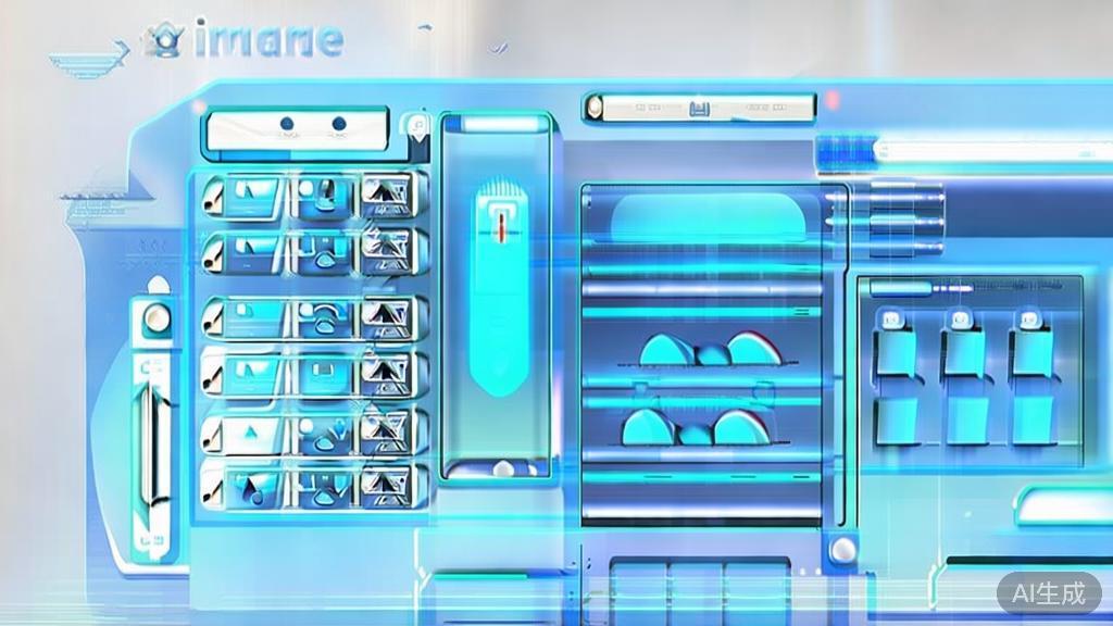 Flat vector illustration of future applications of OpenAI Image2.0, dashboard style, soft blue gradient