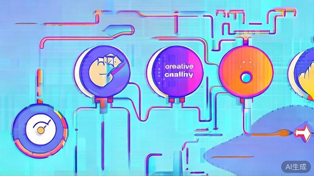 Flat vector illustration of creative thinking process, dashboard style, soft blue gradient