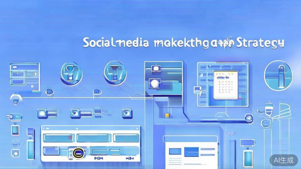 Flat vector illustration of social media marketing strategy, dashboard style, soft blue gradient