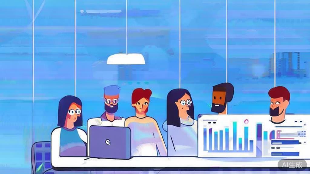 Flat vector illustration of a startup team discussing user feedback, dashboard style, soft blue gradient