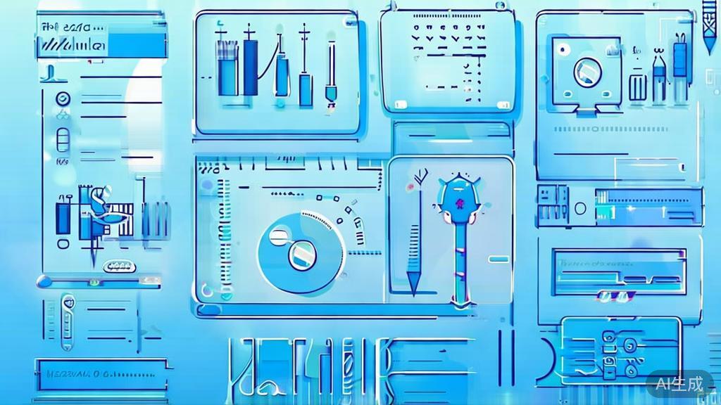 Flat vector illustration of health and biotech entrepreneurship, dashboard style, soft blue gradient