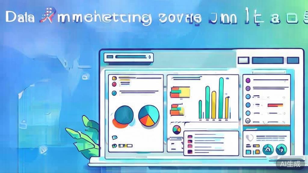 Flat vector illustration of data analysis in marketing, dashboard style, soft blue gradient