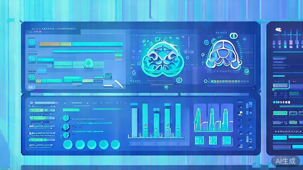 Flat vector illustration of AI in healthcare, dashboard style, soft blue gradient