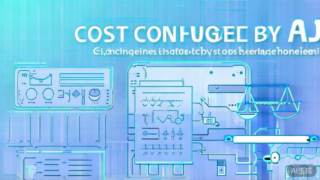 "Flat vector illustration of cost control strategies using AI in business, soft blue gradient"