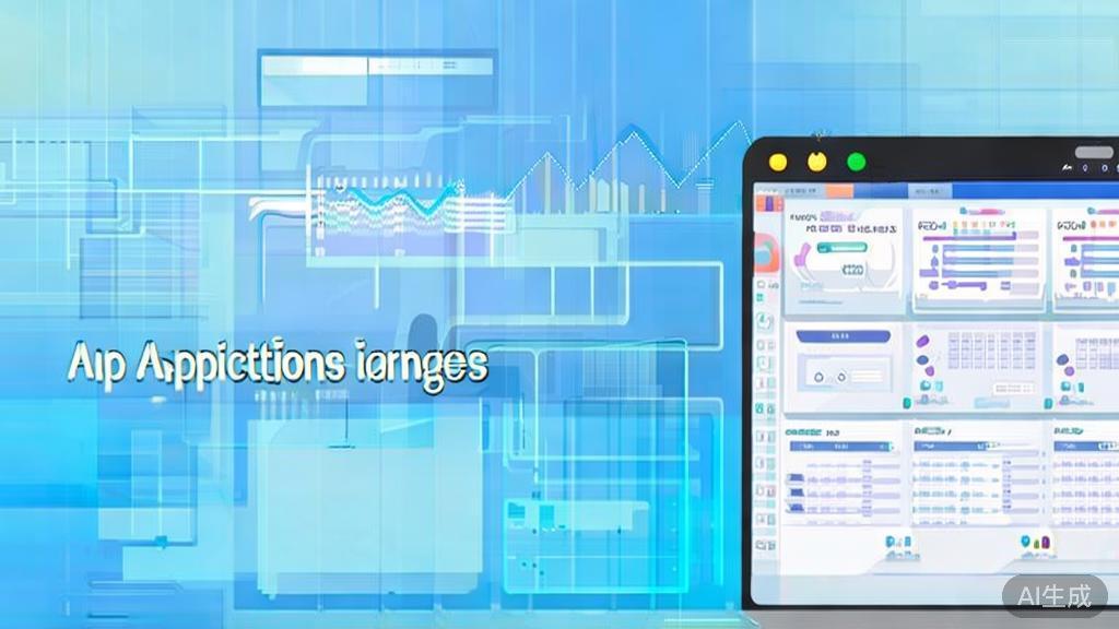 Flat vector illustration of AI applications in business, dashboard style, soft blue gradient