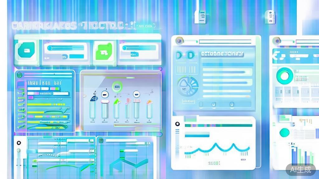 Flat vector illustration of AI tools for market analysis, dashboard style, soft blue gradient