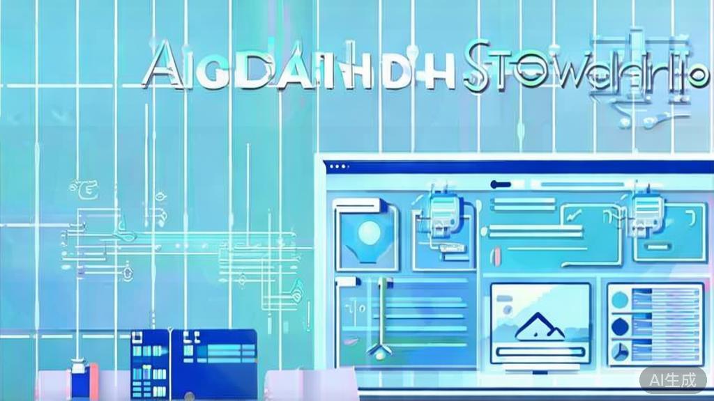 "Flat vector illustration of small business studio using AI technology, dashboard style, soft blue gradient"