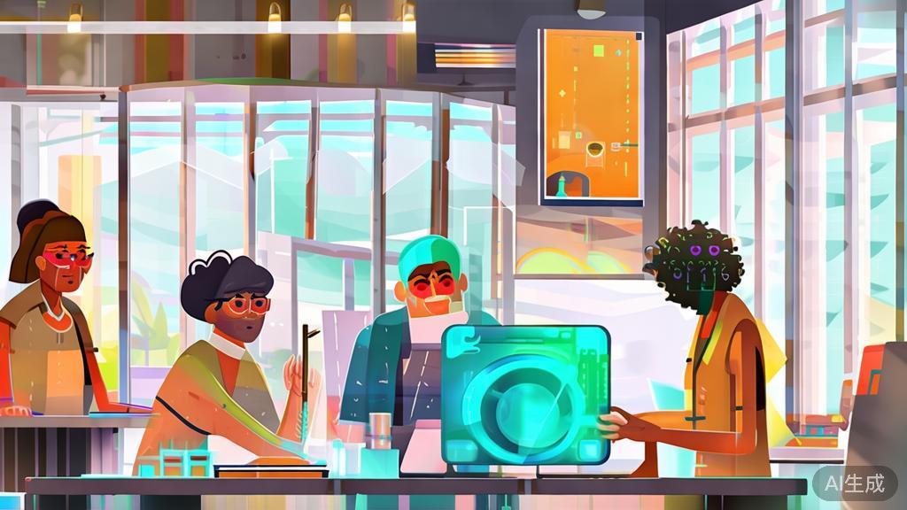"High-quality illustration of a team in a small studio working together with AI, minimal flat design"