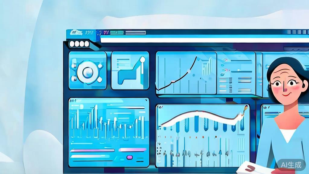 Flat vector illustration of a small business analyzing market trends using AI, dashboard style, soft blue gradient