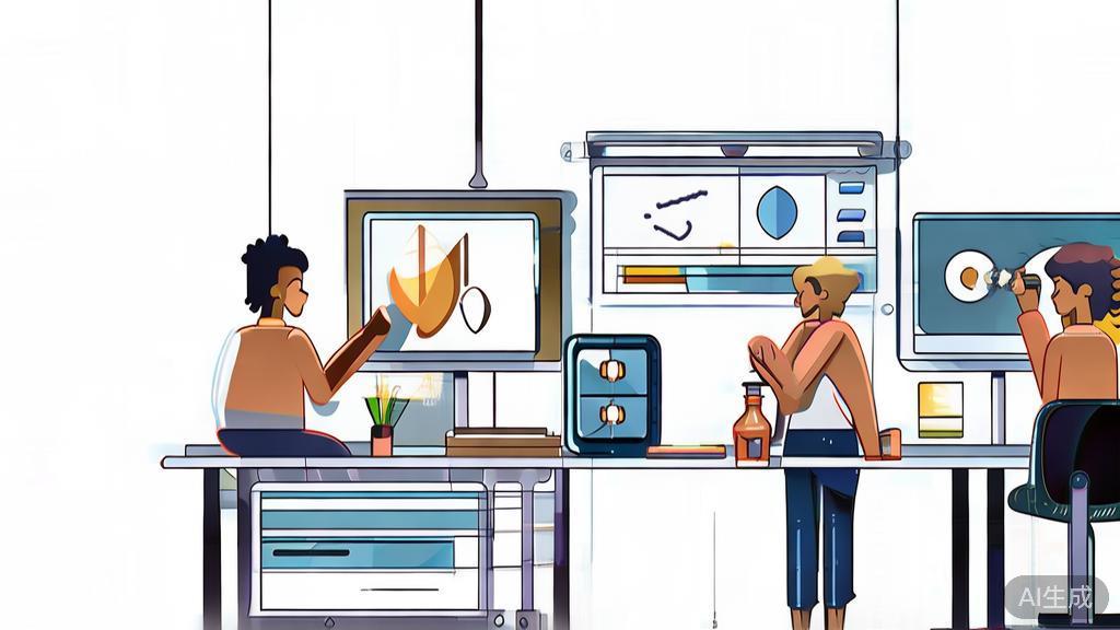 High-quality business illustration showcasing successful small studios embracing AI technology, minimal flat design