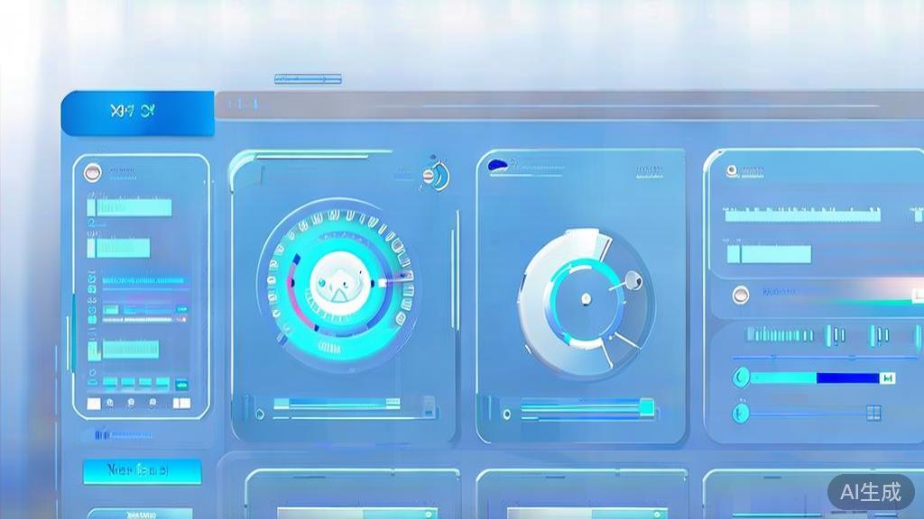 Flat vector illustration of an AI tool used in design processes, dashboard style, soft blue gradient