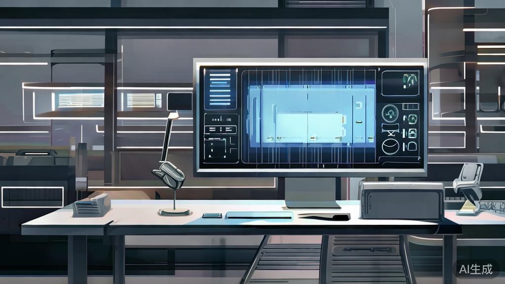 "High-quality business illustration of a creative workspace using AI for content creation, minimal flat design"