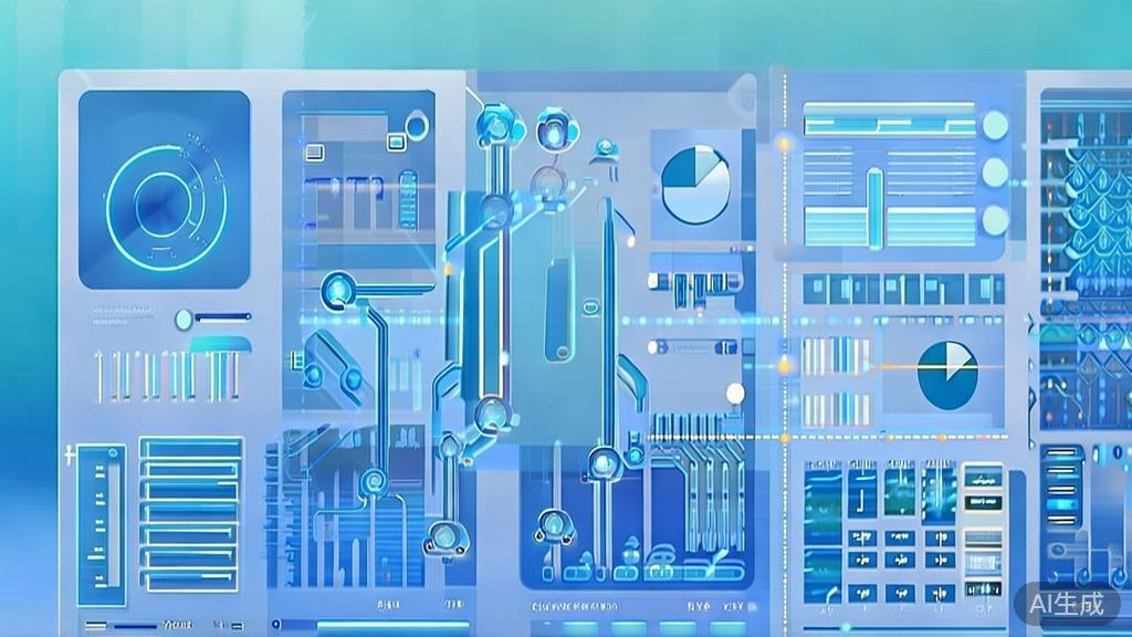 Flat vector illustration of AI and big data concept, dashboard style, soft blue gradient