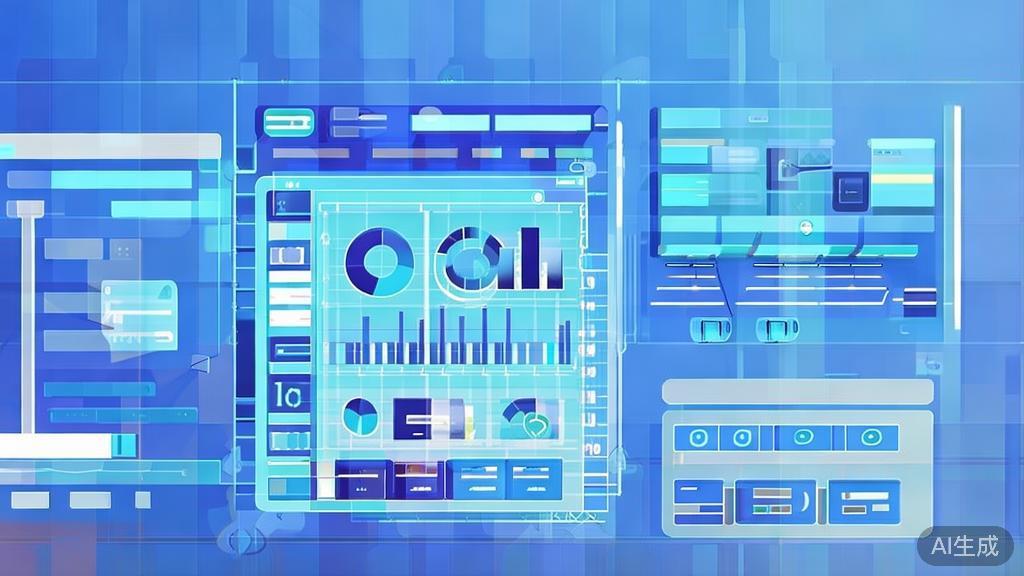 Flat vector illustration of data analysis tools, dashboard style, soft blue gradient