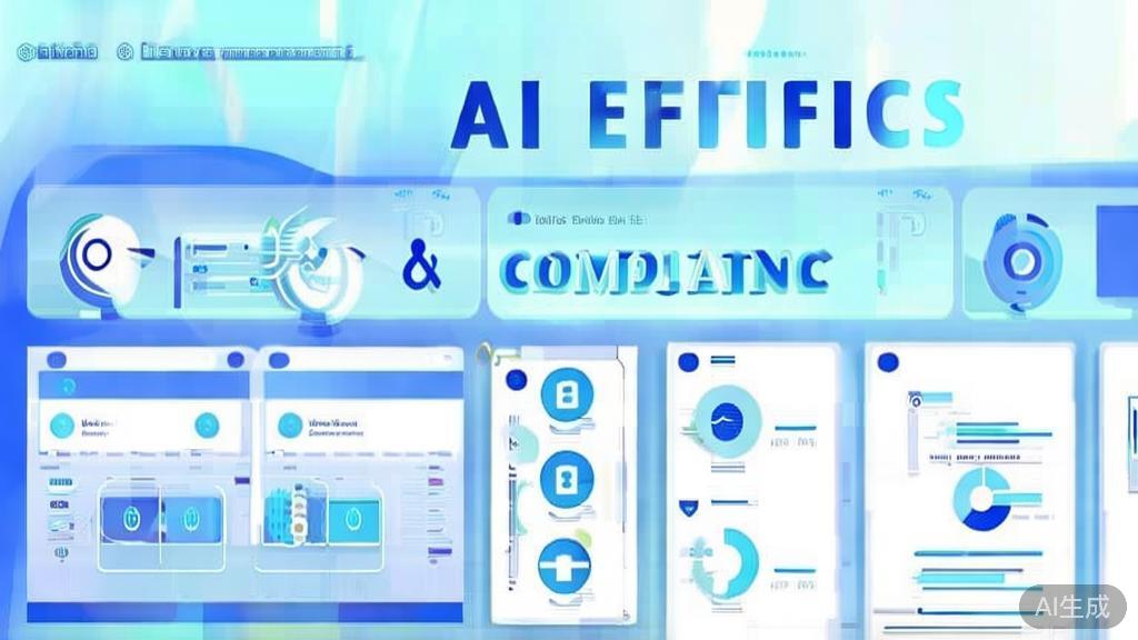 Flat vector illustration of AI ethics and compliance, dashboard style, soft blue gradient