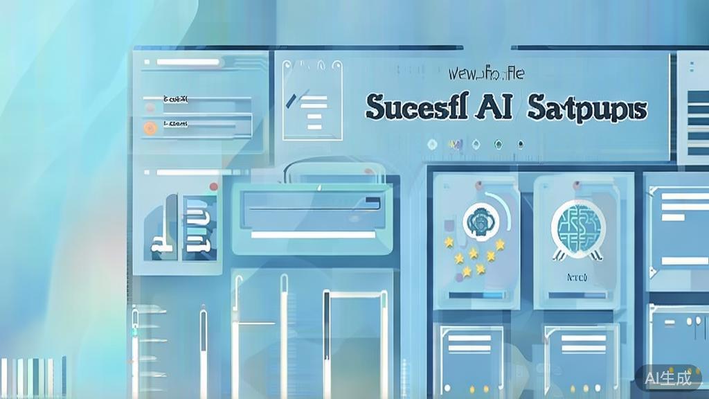 "Flat vector illustration depicting key factors of successful AI startups, dashboard style, soft blue gradient"