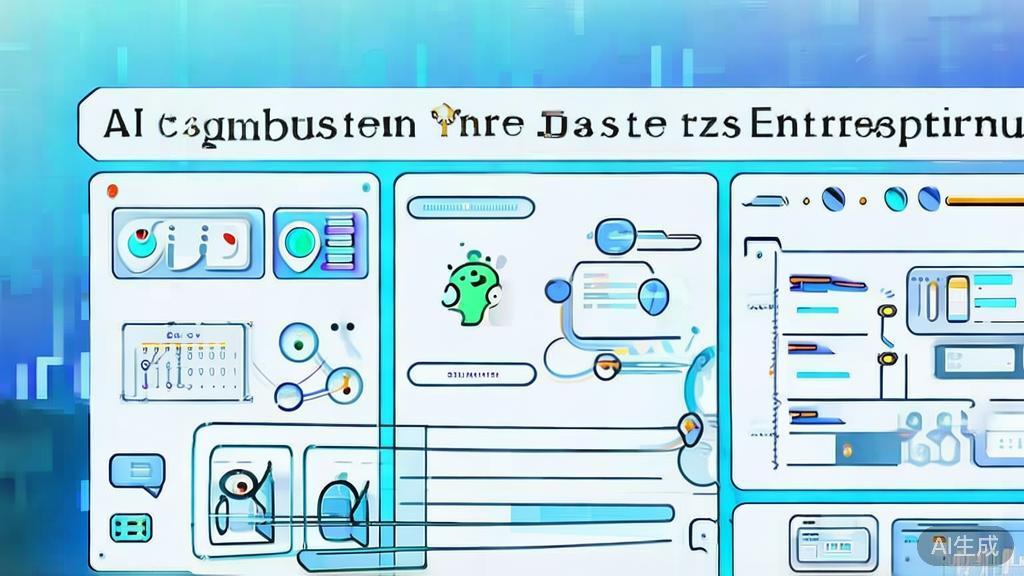 Flat vector illustration of future AI trends in entrepreneurship, dashboard style, soft blue gradient