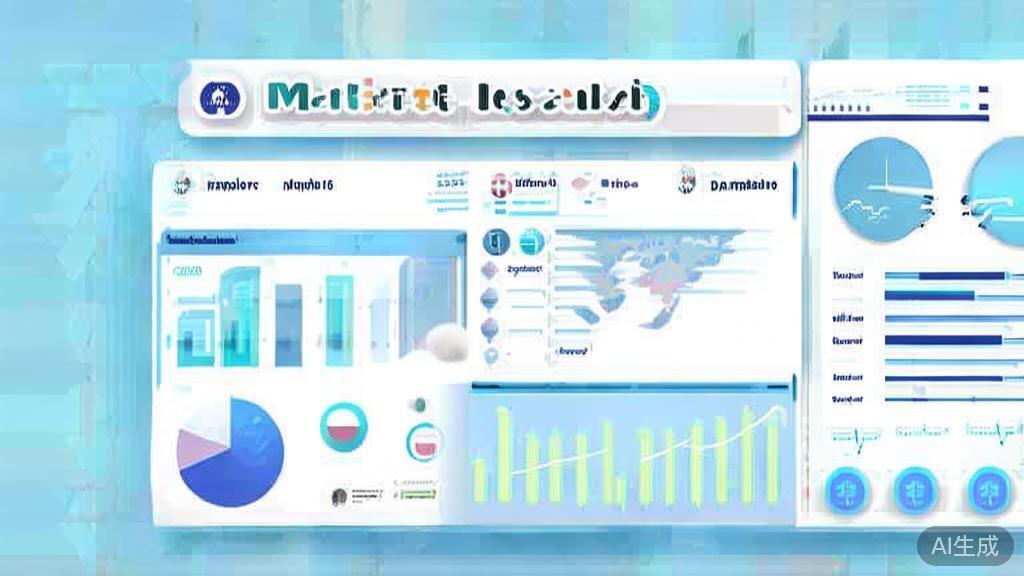 Flat vector illustration of market research concept, dashboard style, soft blue gradient