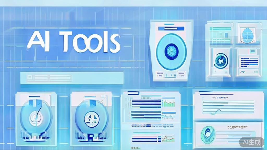 Flat vector illustration of AI tools for entrepreneurship, dashboard style, soft blue gradient