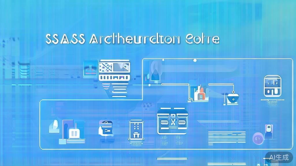 Flat vector illustration of SaaS architecture, dashboard style, soft blue gradient