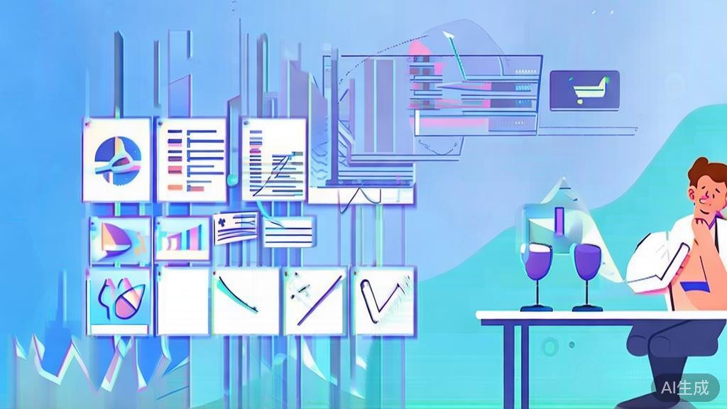 Flat vector illustration of young entrepreneur analyzing market trends and business opportunities, soft blue gradient