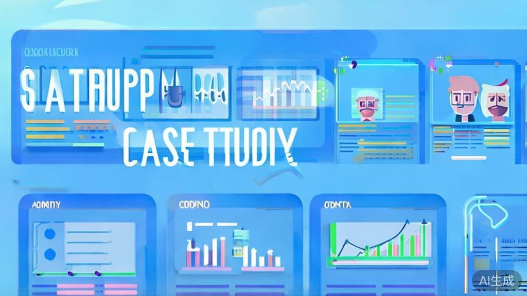 Flat vector illustration showcasing successful startup case studies, dashboard style, soft blue gradient
