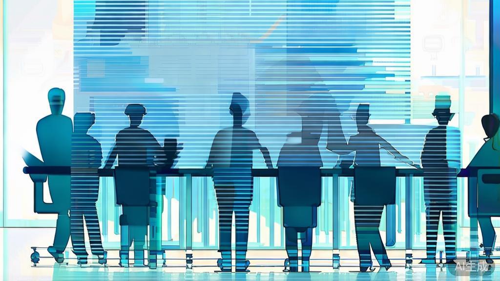 "Flat vector illustration of entrepreneurs making decisions, corporate style, soft blue gradient"
