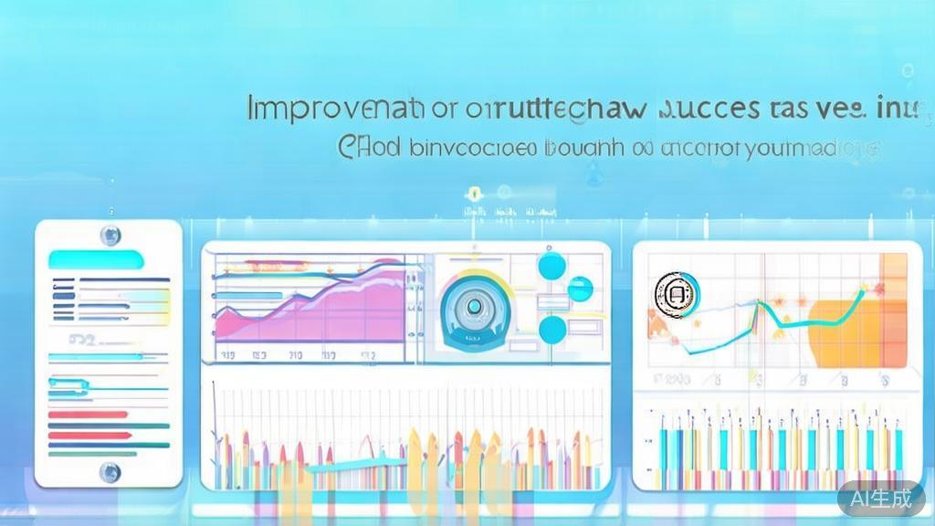 Flat vector illustration depicting success metrics improvement through AI, dashboard style, soft blue gradient