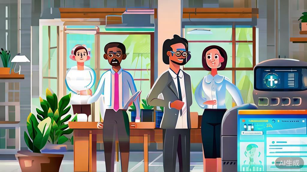 Business illustration showing the integration of AI assistants and traditional customer service, highlighting a harmonious working environment