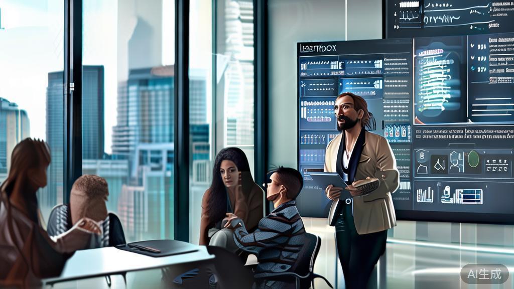 "High-quality business illustration of a freelance marketer consulting with clients in a modern setting"