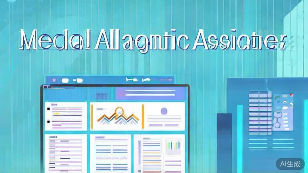 Flat vector illustration of a medical AI diagnostic assistant, dashboard style, soft blue gradient