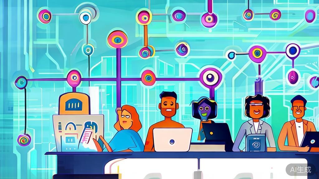 "Flat vector illustration of a diverse team collaborating on AI projects, showcasing teamwork and expertise"