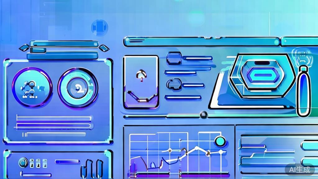 "Flat vector illustration of AI technology and entrepreneurship, dashboard style, soft blue gradient"