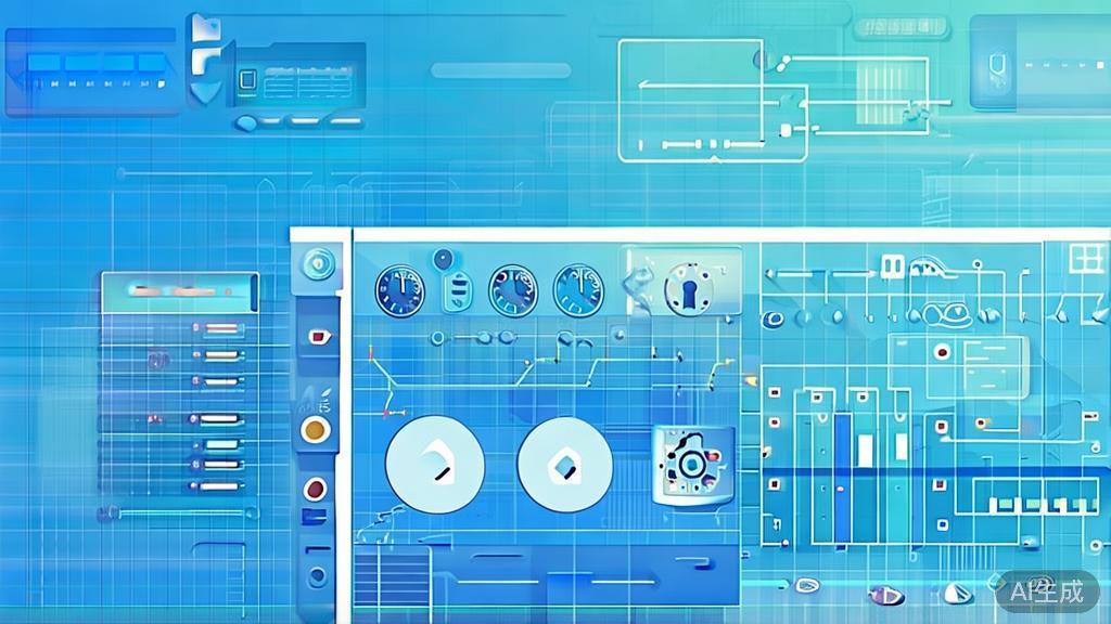 Flat vector illustration of operational optimization with AI, dashboard style, soft blue gradient