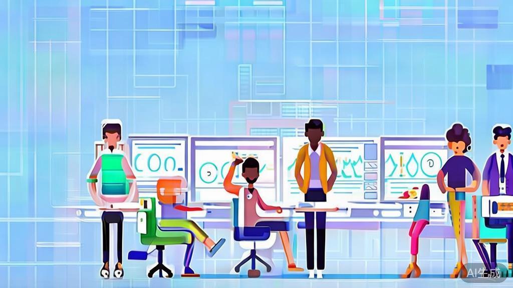 Flat vector illustration of diverse team working together, dashboard style, soft blue gradient