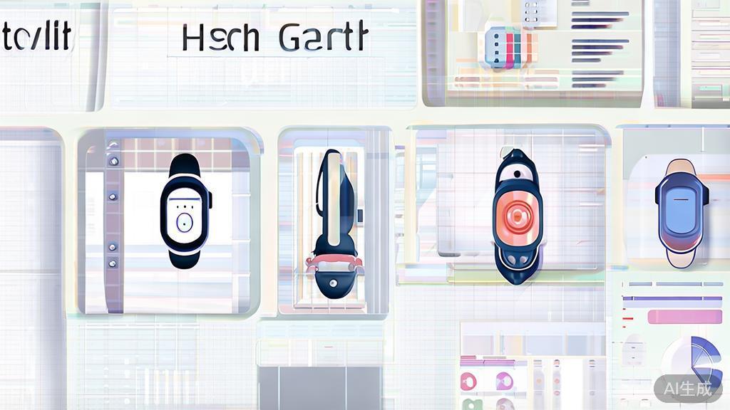 "Flat vector illustration of smart health management app, showing wearable devices and health data analytics in a minimalist design"