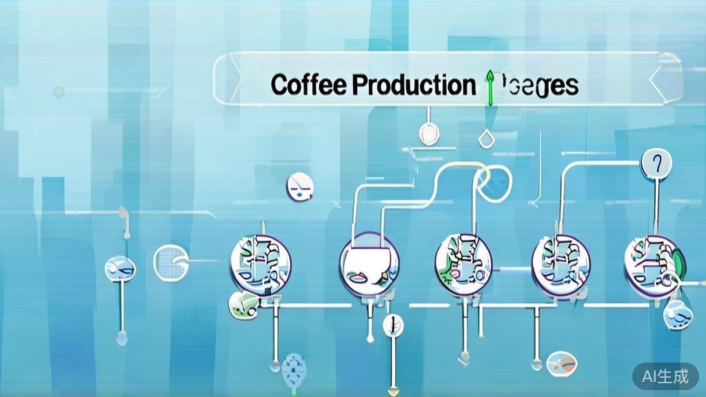 Flat vector illustration of a coffee production process, dashboard style, soft blue gradient