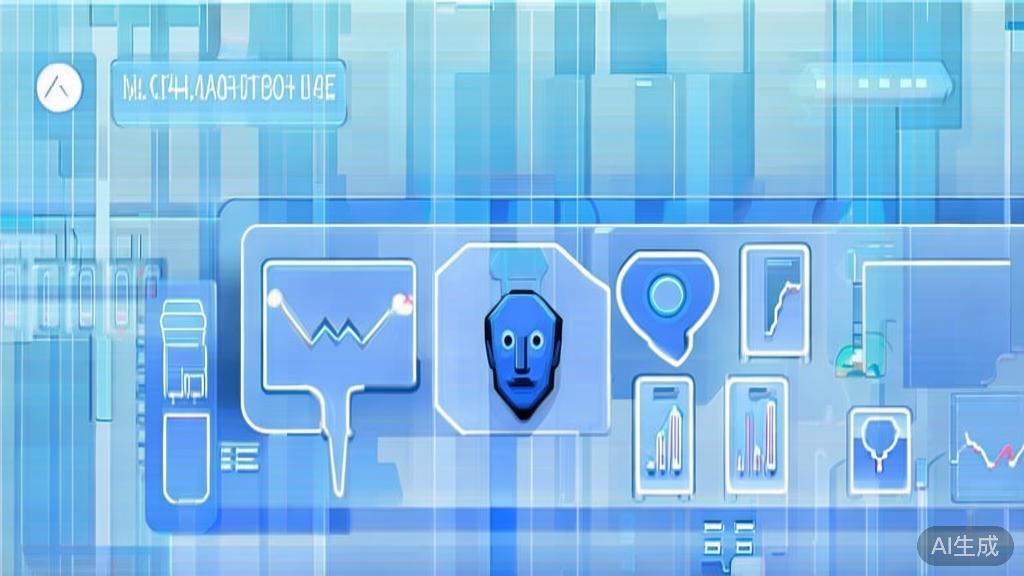 "Flat vector illustration of AI interaction, dashboard style, soft blue gradient"