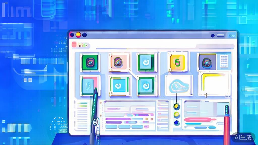 Flat vector illustration of AI drawing process, dashboard style, soft blue gradient